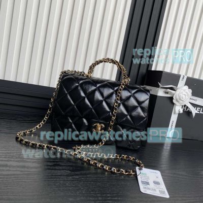 Copy Chane1 Mini Flap Bag with Top Handle Black Leather